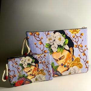 Frida Kahlo handmade blue woven clutch set